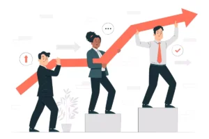 Ilustração mostrando os benefícios do trabalho intermitente para empresas, com uma tendência de crescimento representada por uma seta ascendente, destacando as vantagens do trabalho intermitente para organizações que buscam flexibilidade e eficiência.