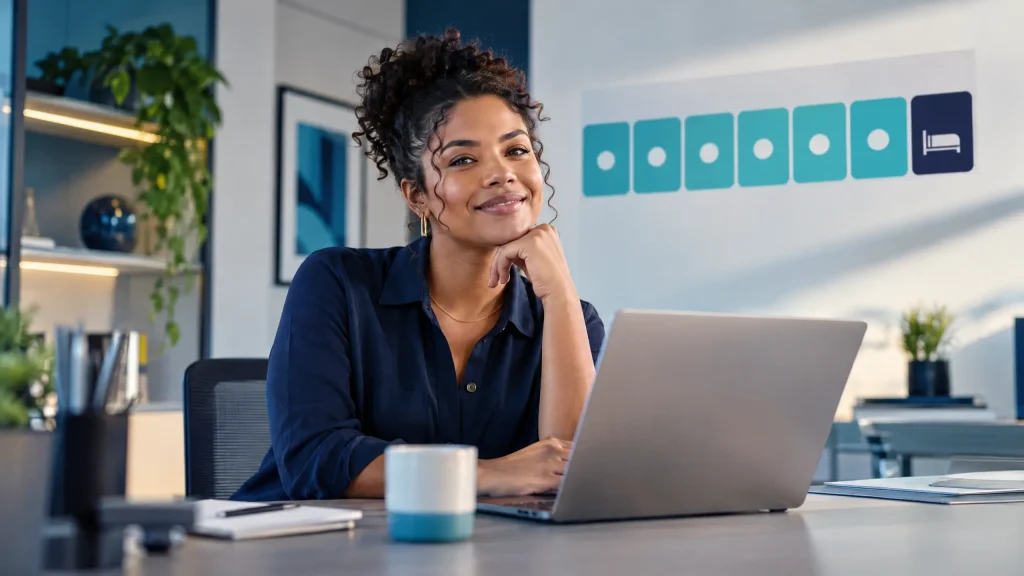 jornada 6x1 no trabalho intermitente: Profissional em escritório moderno, com laptop e caneca sobre a mesa, sorrindo enquanto trabalha em um ambiente corporativo. Tela com indicadores ao fundo.