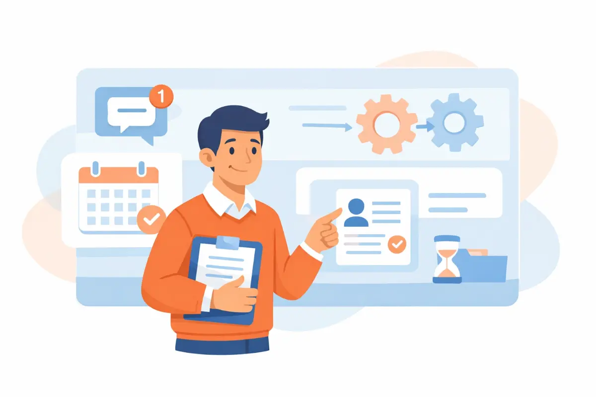 Ilustração de profissional utilizando sistema automatizado de contratos intermitentes para gerenciar convocações, prazos, dados de colaboradores e processos com segurança e organização digital.