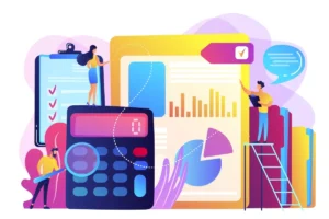 Imagem ilustrativa com gráficos, calculadora e pessoas analisando dados, representando o tema como calcular rescisão de contrato de trabalho intermitente.