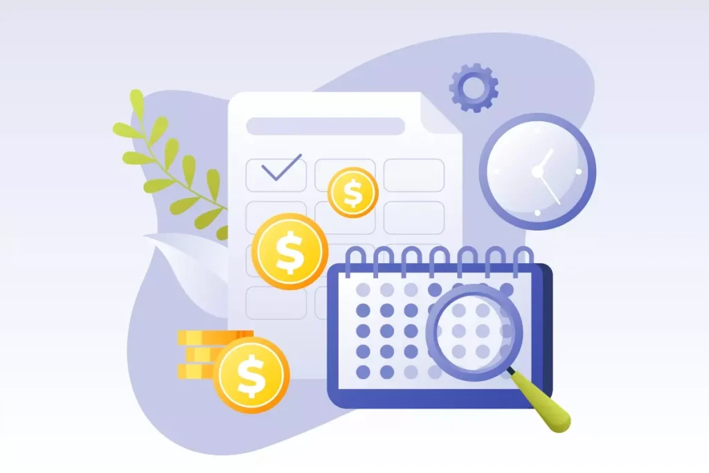 Ilustração de antecipação de pagamentos intermitentes para feriados, mostrando calendário, moedas, lupa, e configurações, simbolizando gestão financeira.
