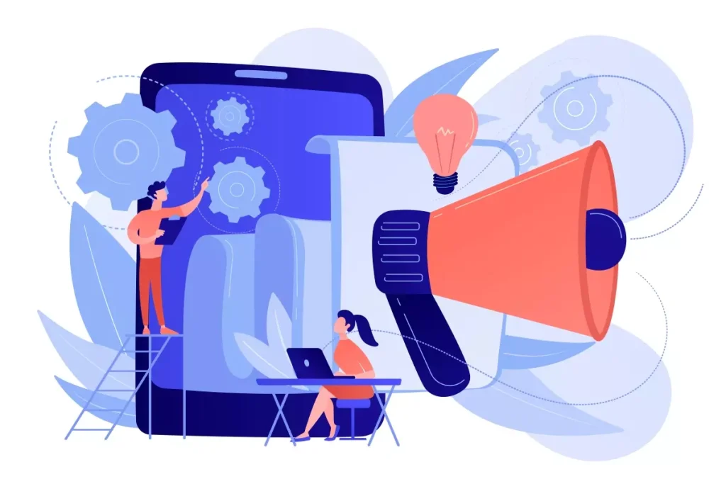 Ilustração representando uma ferramenta para gestão de convocação de intermitentes, com elementos de tecnologia como smartphone e engrenagens, destacando eficiência e inovação no controle de convocação.