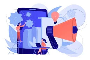 Ilustração representando uma ferramenta para gestão de convocação de intermitentes, com elementos de tecnologia como smartphone e engrenagens, destacando eficiência e inovação no controle de convocação.