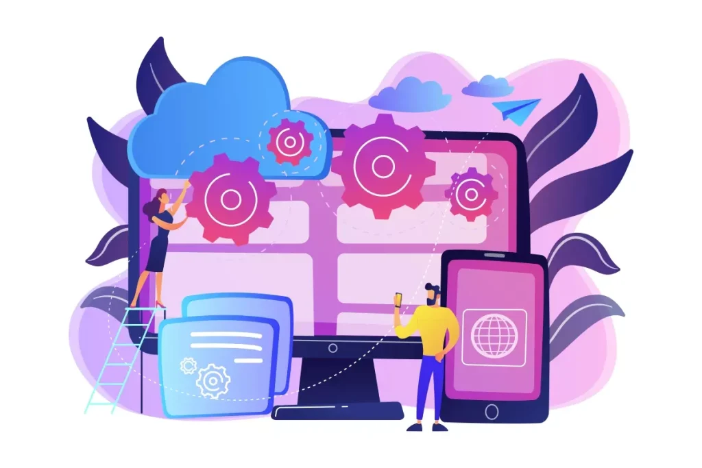 Imagem ilustrativa de uma plataforma digital para controle de trabalho intermitente, mostrando pessoas interagindo com dispositivos e gráficos de gerenciamento.