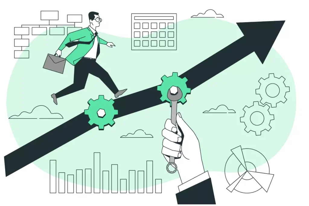 Ilustração de setor que mais contrata intermitentes em maio, mostrando crescimento de empregos com engrenagens, gráfico e seta ascendente representando expansão do mercado de trabalho.