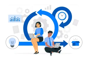 Ilustração de sistema para contratos e gestão de intermitentes, mostrando mulheres e homens usando dispositivos tecnológicos, com elementos gráficos representando fluxo e organização.