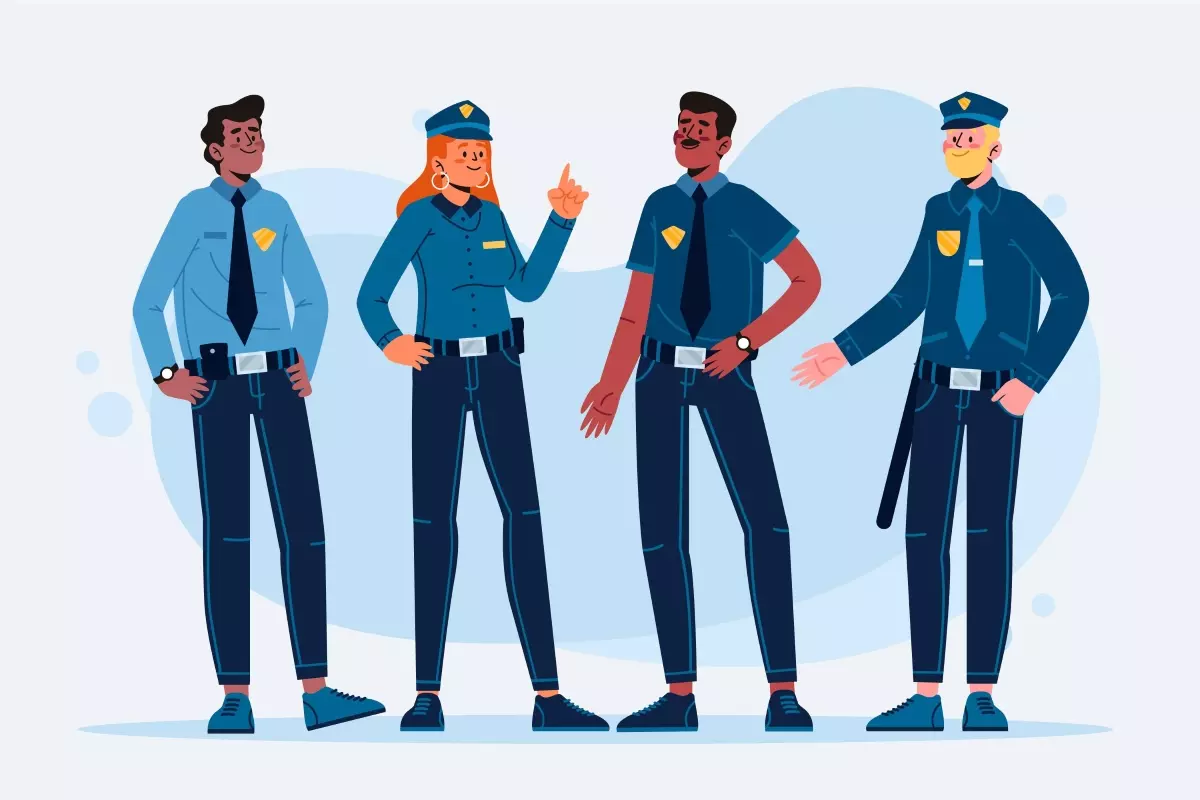 Ilustração de quatro vigilantes intermitentes usando uniforme azul, representando profissionais de segurança pública, com postura de alerta e prontidão.