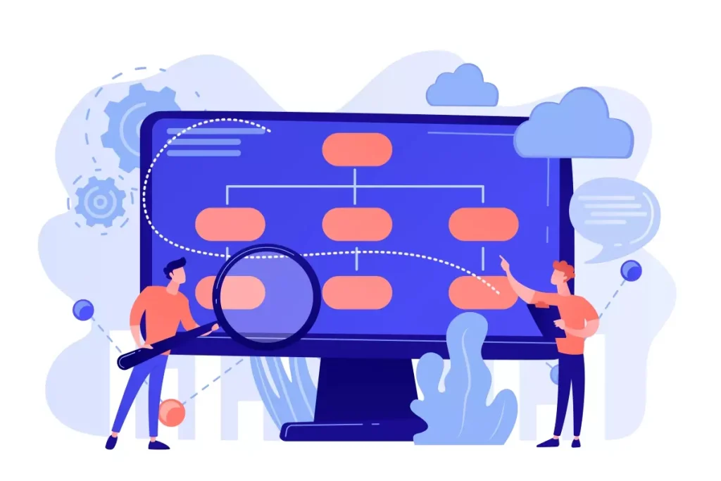 Ilustração mostrando profissionais analisando e revisando um organograma de contrato de trabalho, destacando dicas para evitar erros no contrato de trabalho intermitente.