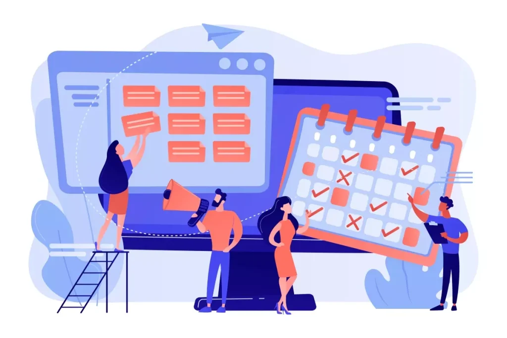 Ilustração de pessoas planejando escalas de intermitentes para o dia das mães, utilizando computadores, quadros de planejamento e calendários.