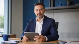 Homem em ambiente corporativo sentado à mesa com tablet em mãos, usando terno azul e camisa branca, olhando para a câmera em escritório moderno sobre aviso prévio intermitente.