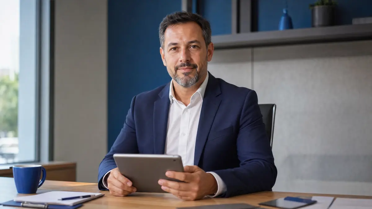 Homem em ambiente corporativo sentado à mesa com tablet em mãos, usando terno azul e camisa branca, olhando para a câmera em escritório moderno sobre aviso prévio intermitente.