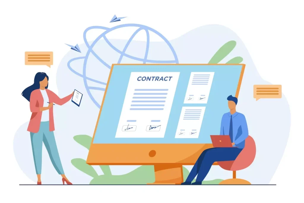 Ilustração explicando como funciona a rescisão de contrato intermitente, com pessoas trabalhando com computadores e contrato na tela