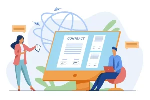 Ilustração explicando como funciona a rescisão de contrato intermitente, com pessoas trabalhando com computadores e contrato na tela