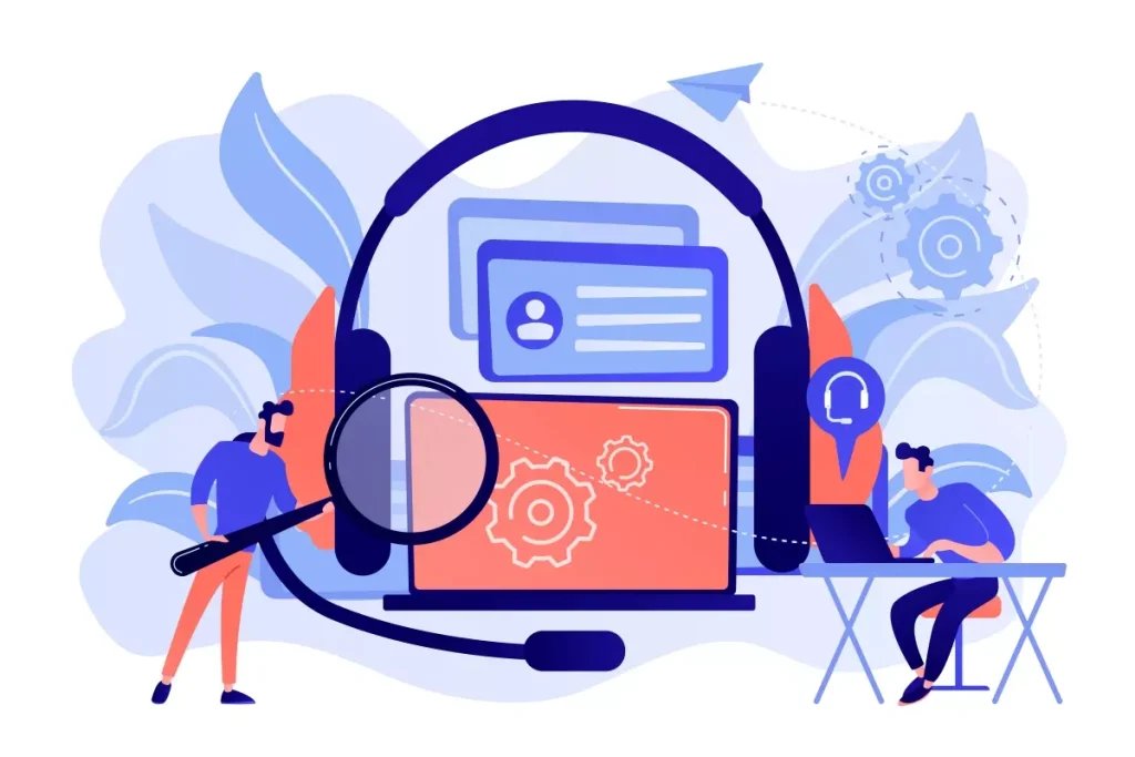 Ilustração de como convocar intermitentes em eventos, mostrando pessoas usando headset, computador, e elementos tecnológicos relacionados.