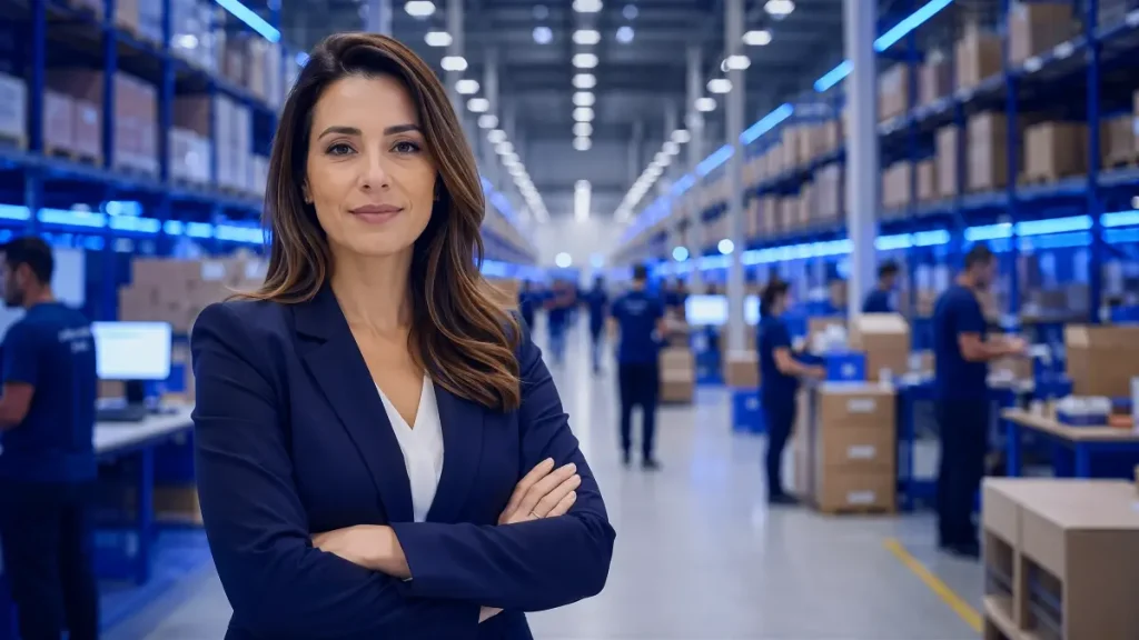 Mulher executiva com roupa social azul e braços cruzados em armazém industrial moderno com prateleiras altas, iluminação azul e trabalhadores ao fundo, representando logística e gestão de como escalar intermitentes em datas sazonais com segurança