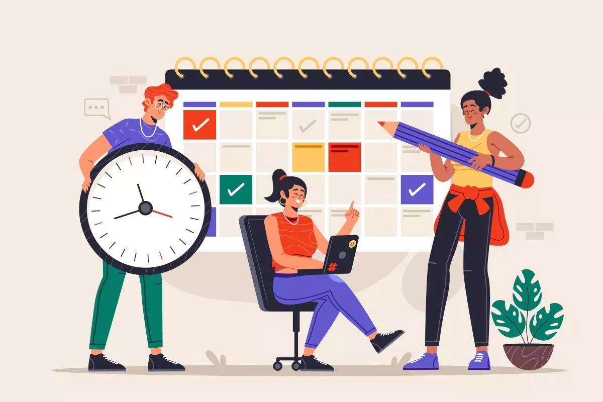 Ilustração de pessoas planejando escala de trabalho intermitente em eventos, com calendário, relógio gigante e laptop, representando organização de horários.