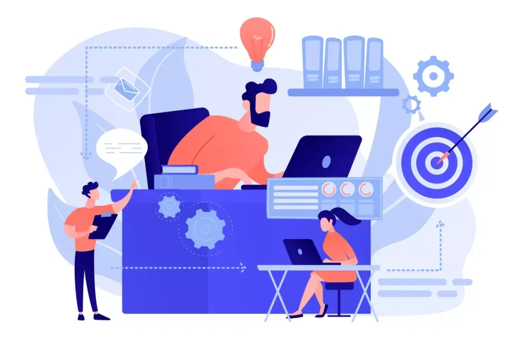 Ilustração de gestão de trabalhadores intermitentes em eventos, mostrando profissionais gerenciando tarefas e estratégias para otimização do trabalho intermitente em eventos.