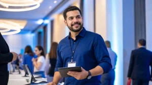 Homem em ambiente de conferência corporativa, sorridente, usando crachá e segurando uma prancheta, ao lado de uma mesa de credenciamento em corredor com pessoas ao fundo em trabalho intermitente para eventos.