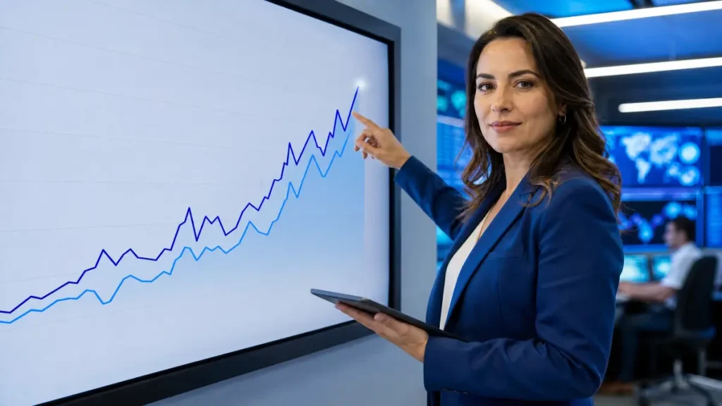 Mulher executiva em um escritório moderno aponta para um gráfico ascendente em um painel, segurando um tablet, enquanto destaca crescimento de desempenho e dados financeiros de como se preparar para picos de vendas.