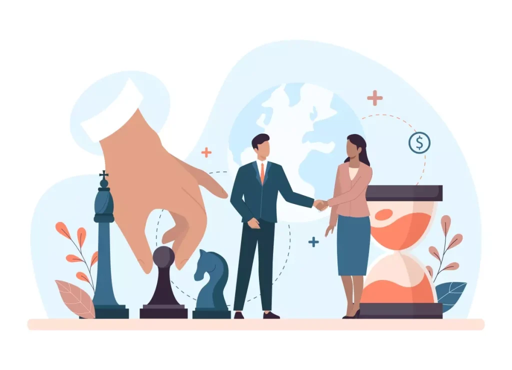 Imagem ilustrativa representando ações trabalhistas no trabalho intermitente com pessoas se cumprimentando, peças de xadrez, relógio de areia e um mapa-múndi ao fundo.