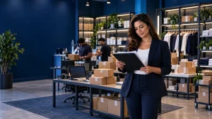 black friday e contrato intermitente: Imagem em loja de e-commerce: uma mulher em traje social analisa documentos enquanto observa caixas de encomendas em mesas de expedição, com trabalhadores ao fundo.