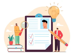 Ilustração de uma pessoa analisando uma convocação de trabalho no formato digital, com itens de verificação, uma lâmpada de ideia acima e uma planta ao lado, representando a importância de documentar a jornada no trabalho intermitente.