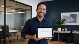 Homem sorridente em ambiente de escritório moderno, segurando um tablet com uma interface de painel de controle e dados sobre empregado intermitente pode trabalhar todos os dias, ao lado de mesa e plantas decorativas ao fundo.