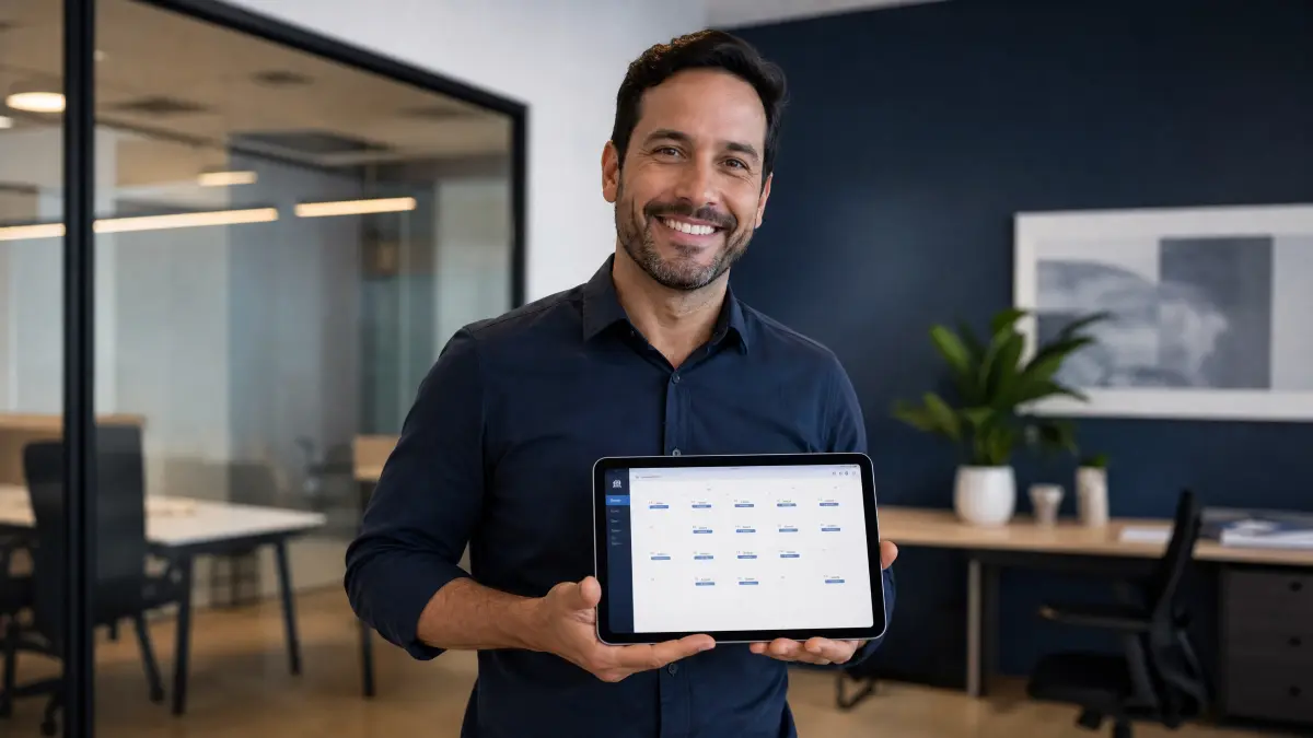 Homem sorridente em ambiente de escritório moderno, segurando um tablet com uma interface de painel de controle e dados sobre empregado intermitente pode trabalhar todos os dias, ao lado de mesa e plantas decorativas ao fundo.