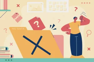 Ilustração de uma pessoa frustrada com erros no trabalho intermitente, representada por uma pasta com marca vermelha de erro, documentos e signos de dúvida e confusão.