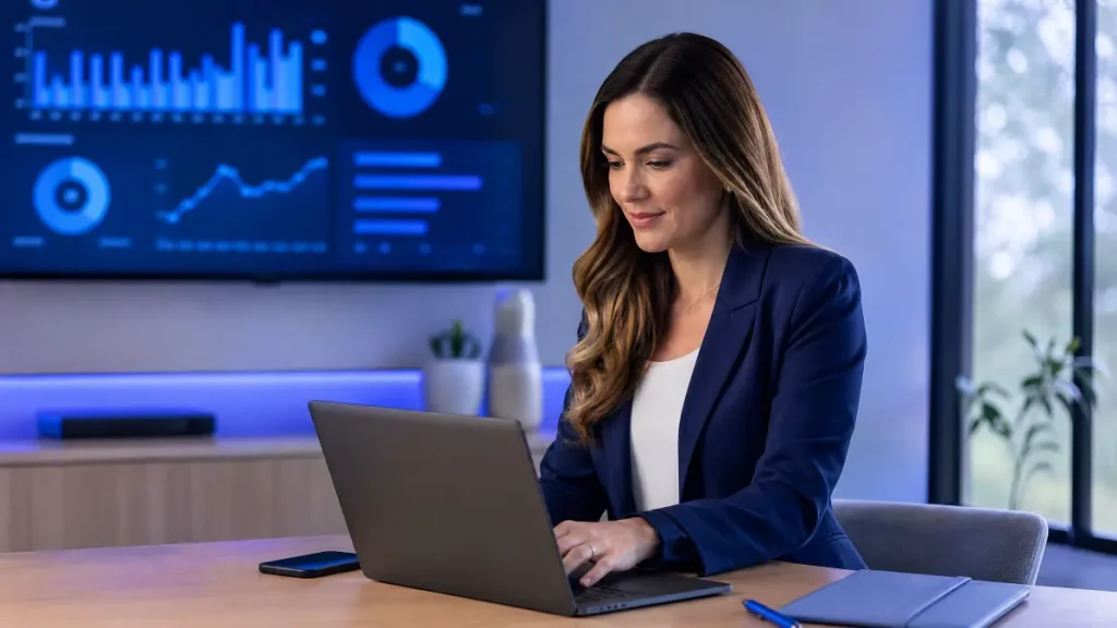 Profissional de terno azul trabalhando em um laptop em escritório moderno, com monitores de gráficos, plataforma para gestão do trabalho intermitente e indicadores ao fundo, sugerindo análise e gestão de dados.