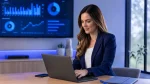 Profissional de terno azul trabalhando em um laptop em escritório moderno, com monitores de gráficos, plataforma para gestão do trabalho intermitente e indicadores ao fundo, sugerindo análise e gestão de dados.