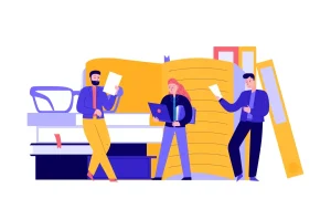 Ilustração de pessoas usando plataforma digital para reduzir riscos e ações trabalhistas intermitentes, com livros e documentos ao fundo.