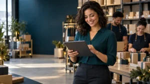 trabalho intermitente em época de final de ano: Mulher sorridente em loja movimentada de fim de ano, conferindo lista em tablet enquanto embala e organiza caixas e presentes junto a outros trabalhadores ao fundo.