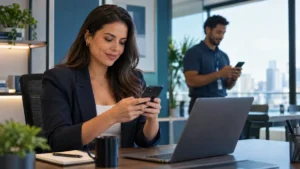 convocar intermitente pelo WhatsApp: Mulher em escritório corporativo usando o WhatsApp em um celular, enquanto um colega trabalha ao fundo, sugerindo contato e atendimento intermitente via chamada.