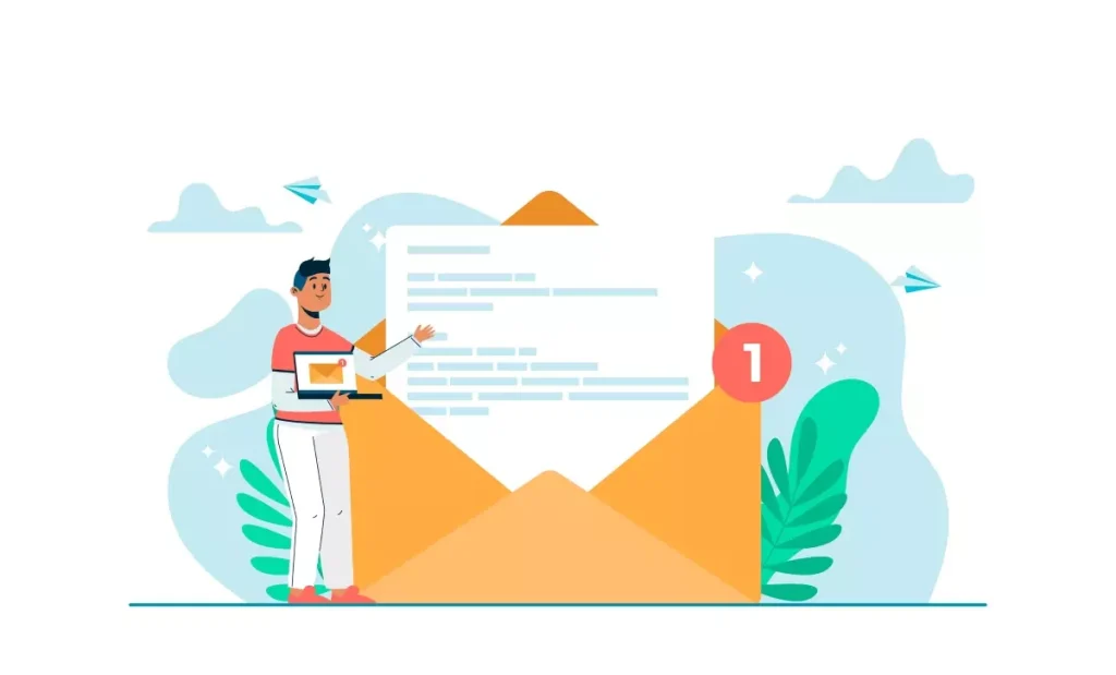 Ilustração de uma pessoa enviando uma convocação intermitente por e-mail, com uma grande envelope aberto e notificação de mensagem, ideal para estratégias de comunicação digital.