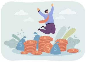 Ilustração de um homem feliz pulando sobre pilhas de moedas e sacolas de dinheiro, simbolizando aumento de salário do trabalhador intermitente em 2026.
