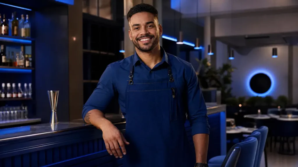 Barman sorridente de avental azul em um bar moderno, apoiado no balcão de metal ao lado de uma coqueteleira e utensílios, com luzes azuis ao fundo e ambiente representando contrato intermitente para bares e restaurantes.