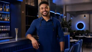 Barman sorridente de avental azul em um bar moderno, apoiado no balcão de metal ao lado de uma coqueteleira e utensílios, com luzes azuis ao fundo e ambiente representando contrato intermitente para bares e restaurantes.