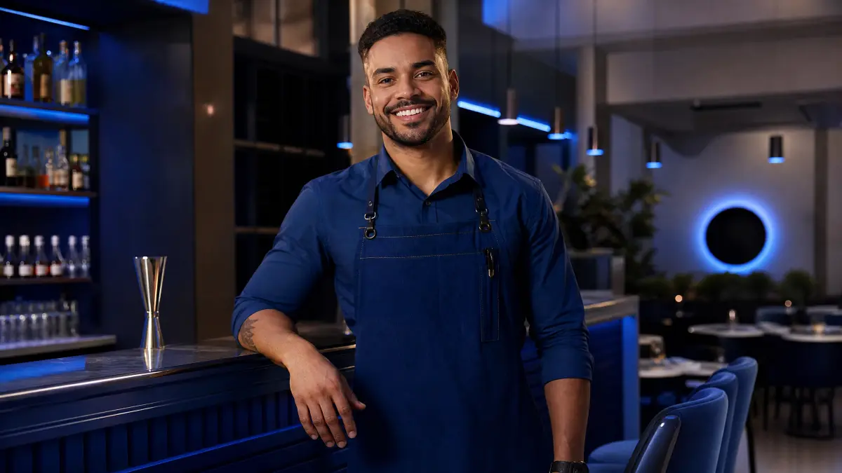 Barman sorridente de avental azul em um bar moderno, apoiado no balcão de metal ao lado de uma coqueteleira e utensílios, com luzes azuis ao fundo e ambiente representando contrato intermitente para bares e restaurantes.