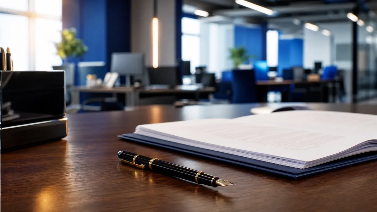Mesa de escritório moderna com contrato intermitente pode virar indeterminado e caneta sobre superfície de madeira, ambiente corporativo ao fundo com estações de trabalho desfocadas, ideal para planejamento e produtividade