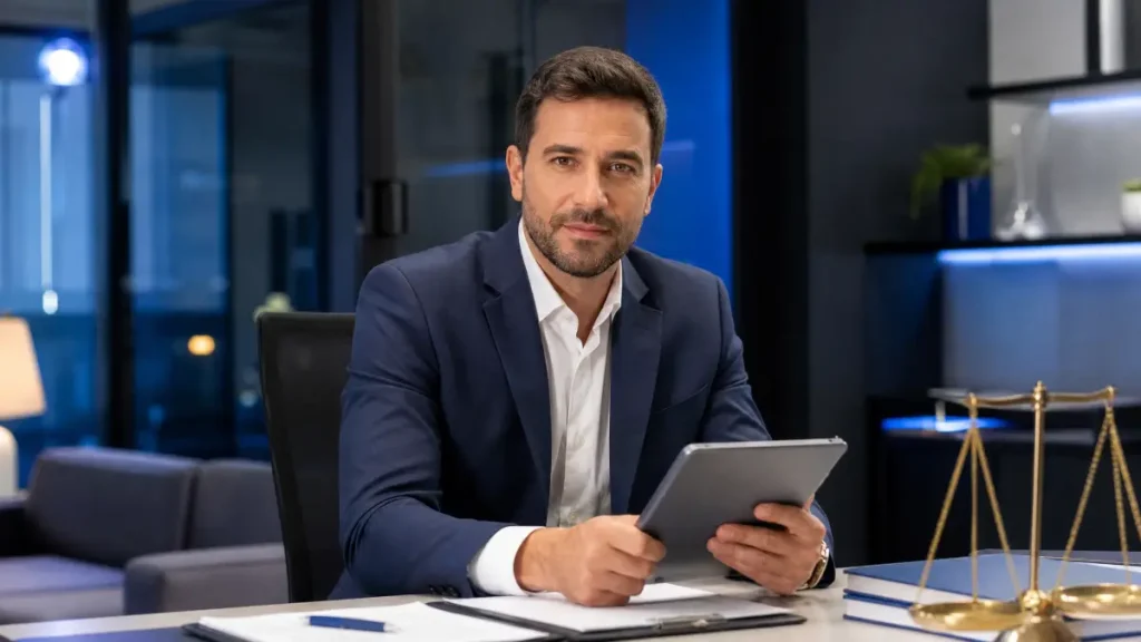 Homem de terno sentado em escritório moderno, segurando um tablet e participando de uma reunião sobre contrato intermitente tem direito a seguro-desemprego, com balança de justiça sobre a mesa ao lado.