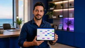Homem em escritório moderno, de camisa azul, segurando um tablet com gráficos e calendário de férias no trabalho intermitente, sorrindo para a câmera.