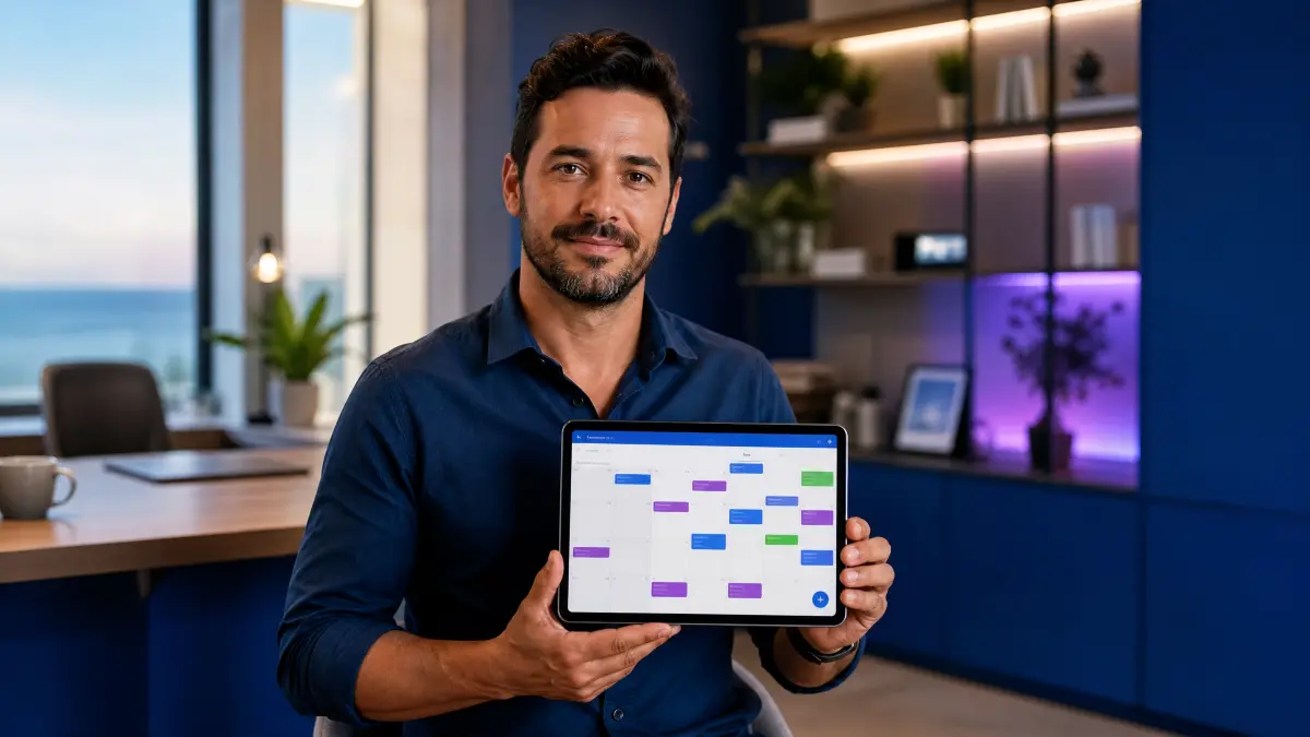 Homem em escritório moderno, de camisa azul, segurando um tablet com gráficos e calendário de férias no trabalho intermitente, sorrindo para a câmera.