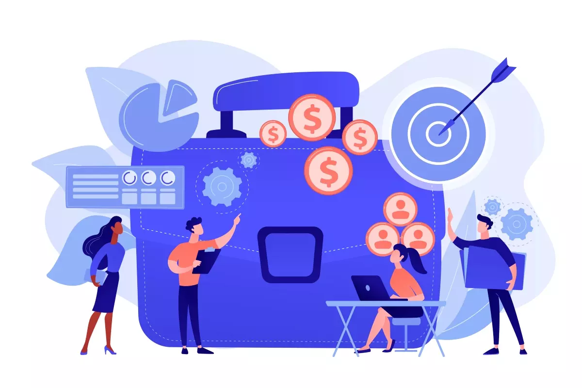 Ilustração de gestão de pagamentos intermitentes com pessoas colaborando, gráficos financeiros e um alvo de metas, destacando a importância da administração de pagamento em negócios.