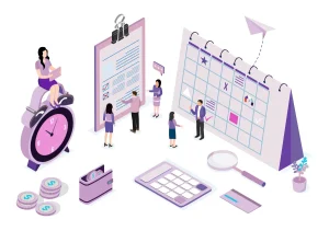 Ilustração de uma planilha de ponto intermitente com pessoas interagindo, calendário, relógio, dinheiro e ferramentas de escritório.