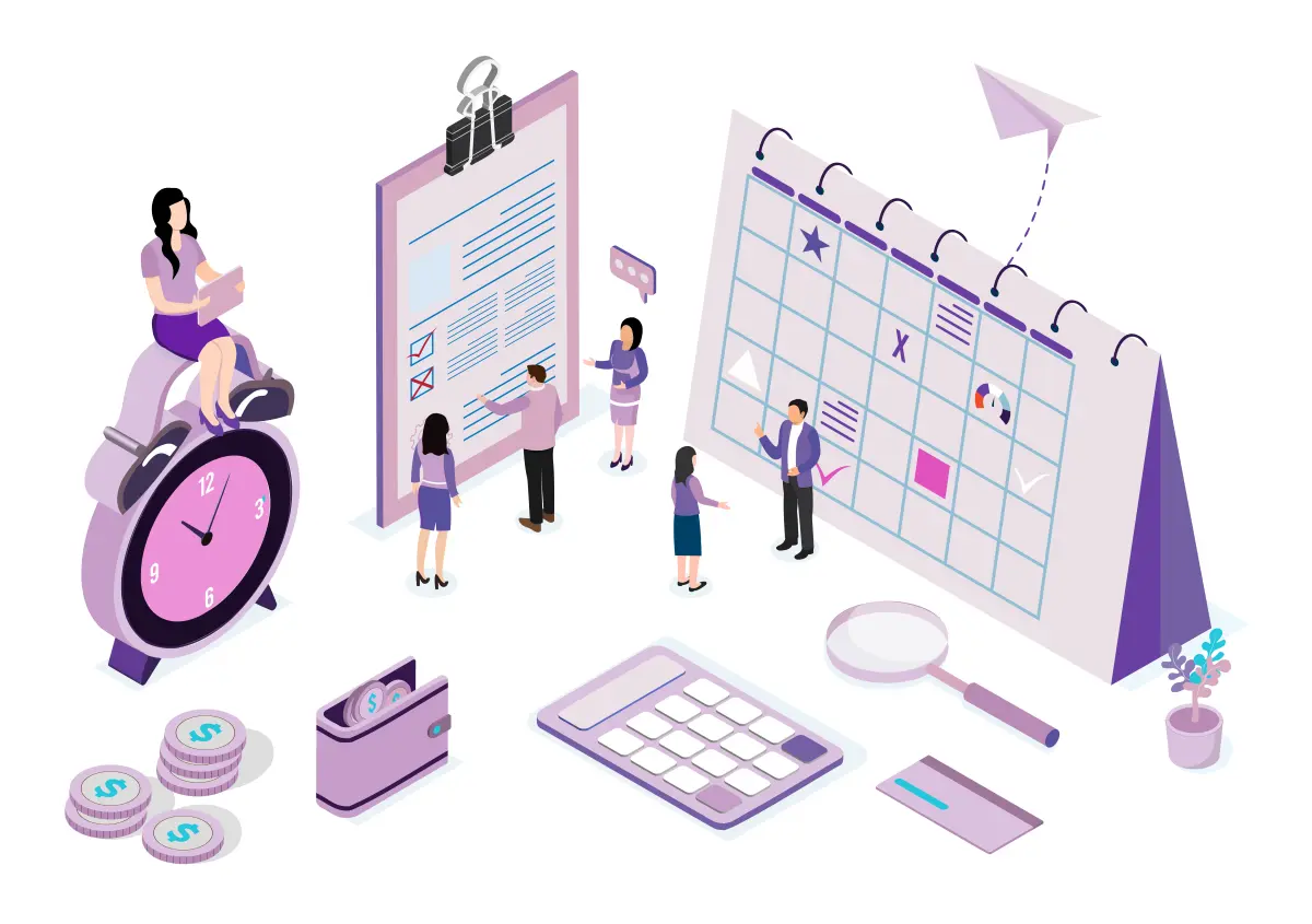 Ilustração de uma planilha de ponto intermitente com pessoas interagindo, calendário, relógio, dinheiro e ferramentas de escritório.