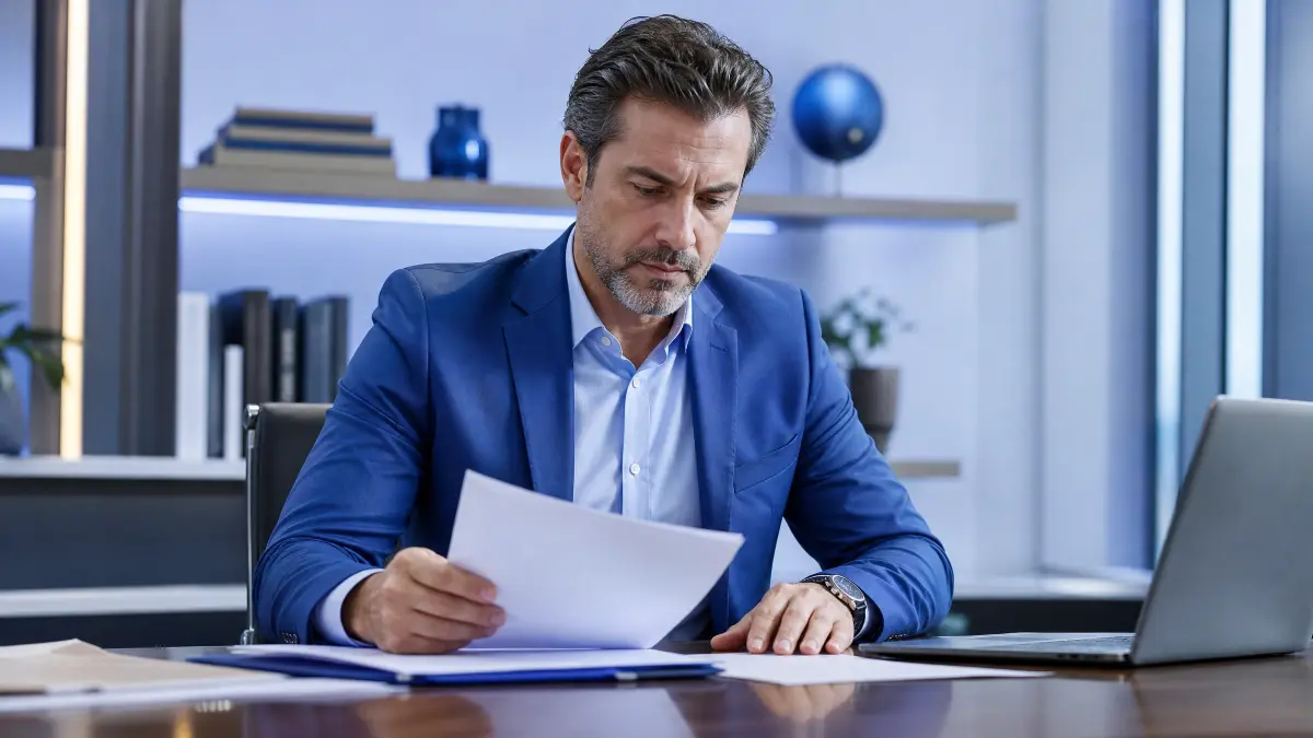Homem de terno azul em escritório moderno analisa documentos do trabalho intermitente enquanto digita ou revisa informações no computador, com arquivos sobre a mesa e estantes ao fundo.