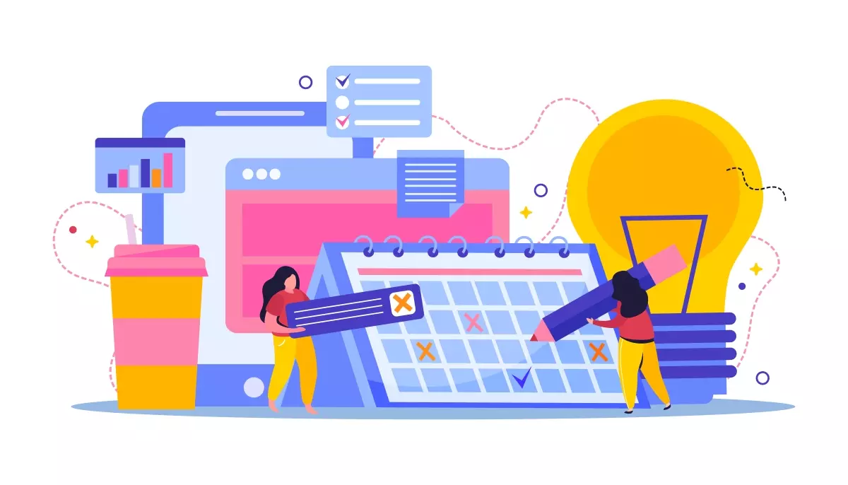 Imagem ilustrativa destacando vantagens do ponto digital para intermitentes, com calendário, computador, pessoas anotando e um grande foco na inovação tecnológica.