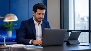 Homem de terno sentado em uma mesa de escritório moderno, trabalhando com notebook e tablet, enquanto analisa informações sobre o cálculo de férias e 13° salário no contrato intermitente com foco. Ambiente corporativo com luz natural ao fundo.