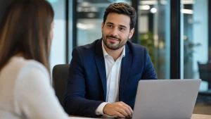 Homem de terno azul sentado em sala de reunião, sorrindo e conversando com uma mulher ao lado, enquanto usa um notebook sobre a mesa sobre a rescisão no trabalho intermitente, em ambiente corporativo com vidro ao fundo.